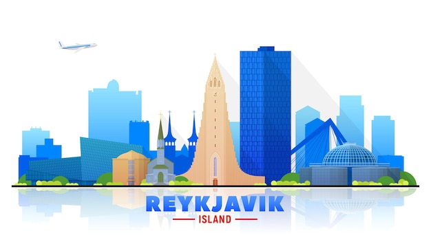 Horizon de Reykjavik Islande avec panorama sur fond blanc. Illustration vectorielle. Concept de voyage d'affaires et de tourisme avec des bâtiments modernes. Image pour bannière ou site web.