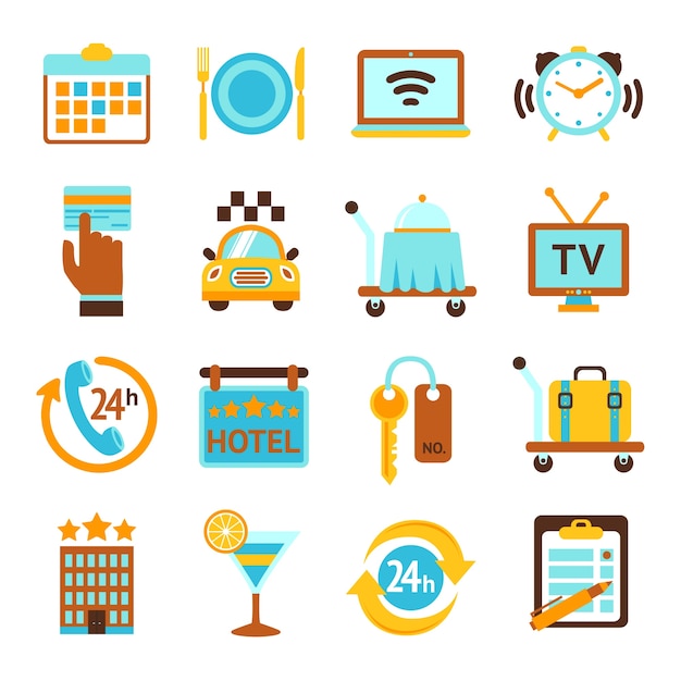 Hotel Travel 24h Room Service Flat Icons Set With Breakfast Bell Et Tv Mobile Illustration Vectorielle Isolée