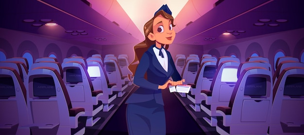 Vecteur gratuit hôtesse de l'air avec billet à l'intérieur de la cabine de l'avion. femme hôtesse de l'air vérifier la carte d'embarquement. illustration de dessin animé de vecteur d'intérieur d'avion avec des chaises vides et une fille en uniforme professionnel avec coupon de vol