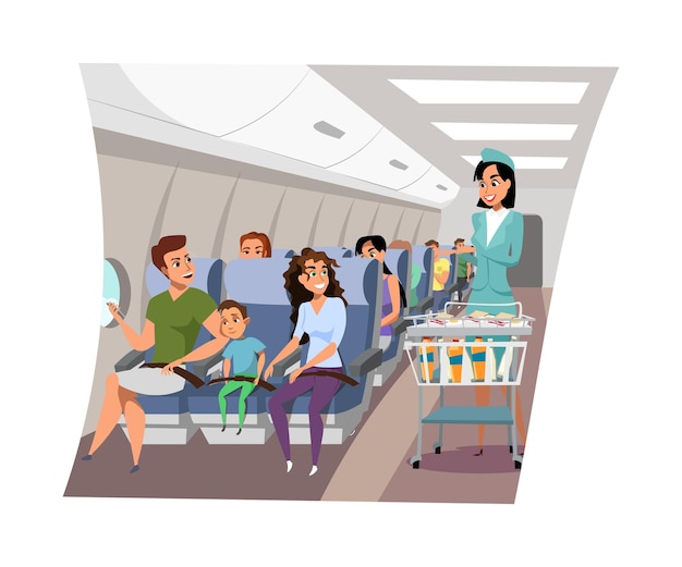 Vecteur gratuit hôtesse de l'air servant les passagers hôtesse de l'air offrant aux clients de la nourriture et des boissons à bord de l'avion hôtesse de l'équipage de l'aéroport en uniforme professionnel avec chariot
