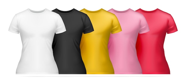 Vecteur gratuit icône de couleur de maquette de t-shirt femme réaliste définie cinq t-shirts femmes colorées blanc noir jaune rose et rouge illustration vectorielle