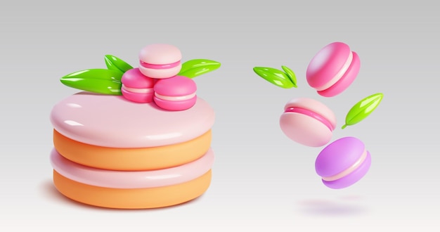 Icône De Dessert 3d De Gâteau Et De Macaron Pour Fête D'anniversaire Illustration Alimentaire Vectorielle Ensemble D'événements De Saint-valentin Roses Isolés Célébration Avec Confiserie Et Boulangerie Collation De Pâtisserie Savoureuse Avec Crème Fondue