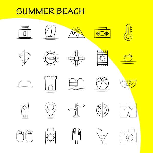 Vecteur gratuit icône dessinée à la main de la plage d'été pour l'impression web et le kit uxui mobile tel que la crème sun summer sun cream beach holiday pool pictogram pack vector