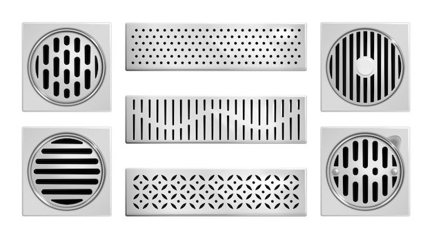 Vecteur gratuit l'icône de douche de grilles de drainage réaliste définit des drains carrés et rectangulaires dans l'illustration vectorielle de la baignoire et de l'évier
