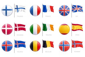 Icône de drapeau d'insigne réaliste sertie de différentes couleurs de drapeaux sur l'illustration de badges en plastique