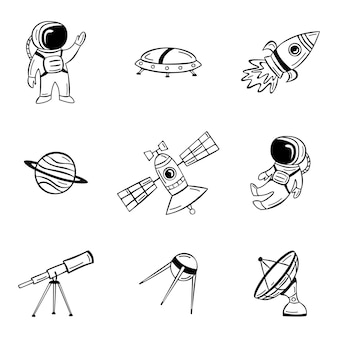 Icône de l'espace extra-atmosphérique dessinée à la main avec fusée satellite astronaute et planètes dans le style doodle