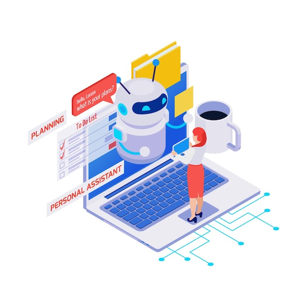 Vecteur gratuit icône isométrique avec une femme utilisant un assistant personnel et une application de planification sur un ordinateur portable 3d
