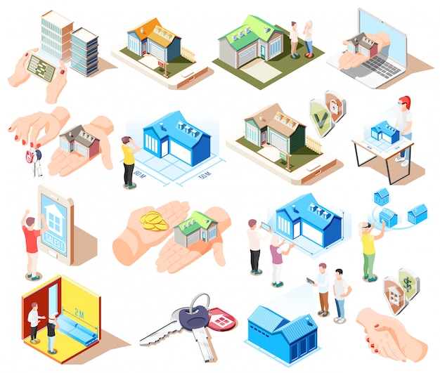 Icône isométrique de réalité augmentée immobilier sertie de différents éléments et attributs de l'illustration des bâtiments