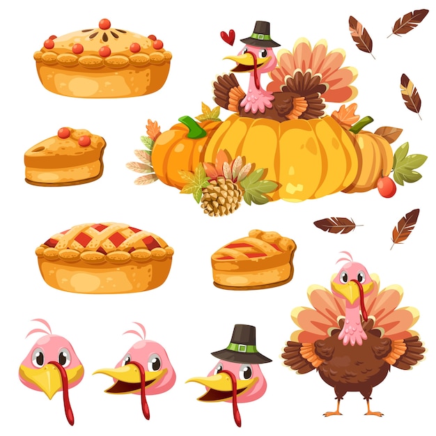 Vecteur gratuit icône de joyeux thanksgiving day avec dinde, citrouille et tarte