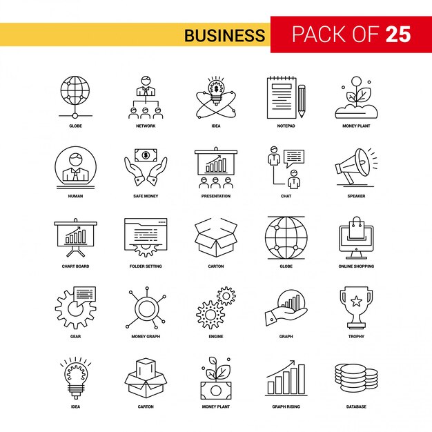 Icône de ligne noire d&#39;affaires - 25 Business Outline Icon Set