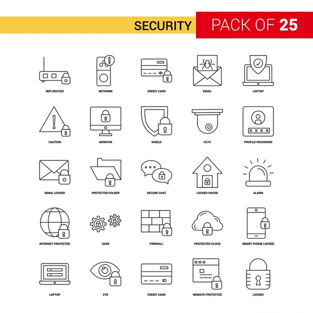 Icône de ligne noire de sécurité - 25 Business Outline Icon Set