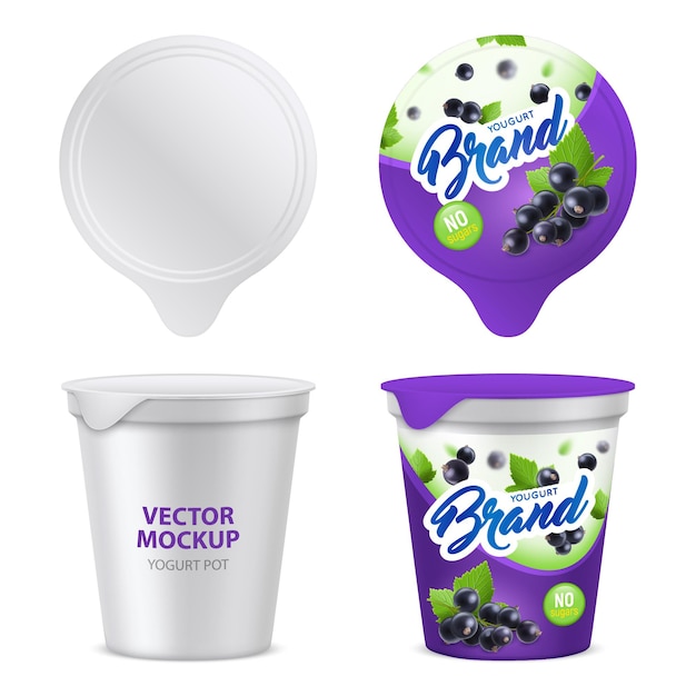 Vecteur gratuit icône de paquet de yaourt réaliste sertie d'illustration vectorielle de modèle de maquette 3d vue de face supérieure