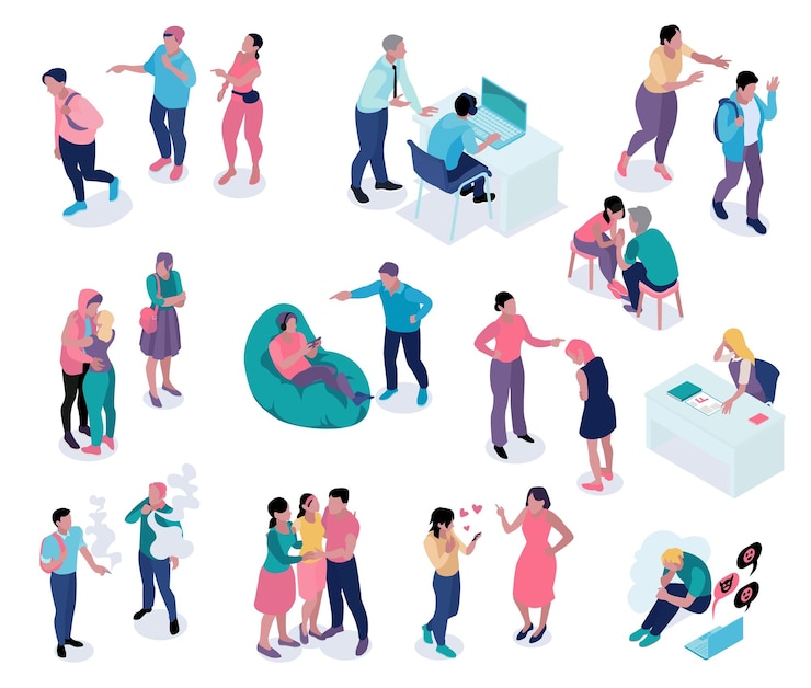 Vecteur gratuit icône de parents adolescents isométrique sertie de personnages humains isolés d'adolescents et de parents dans diverses situations illustration vectorielle
