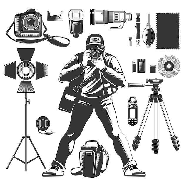 Vecteur gratuit icône de photographe vintage noir sertie d'éléments homme et équipements pour le travail