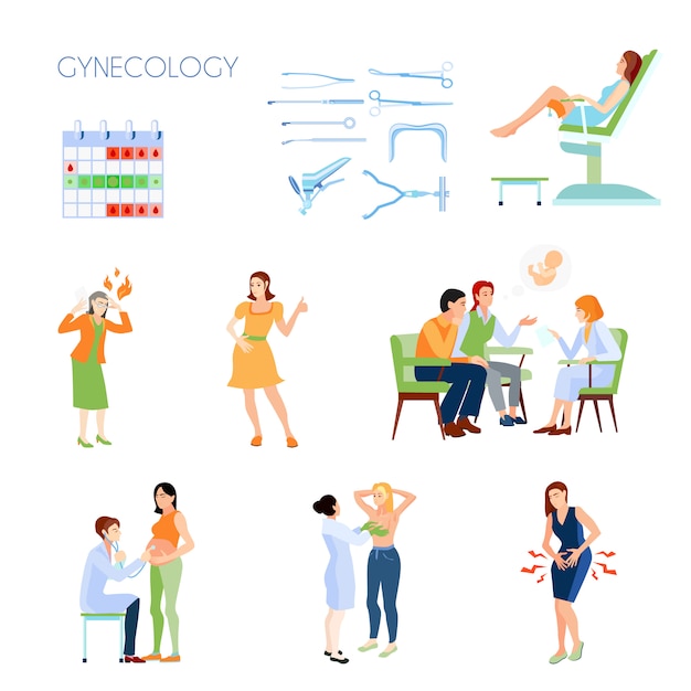 Icône Plate Gynécologie Colorée Et Isolée, Sertie D'instruments D'attribution Planification Familiale Avec Un Médecin