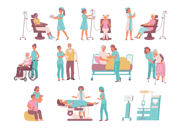 Icône plate infirmière sertie de soins pour les malades et les personnes âgées aide avec illustration vectorielle de procédures médicales
