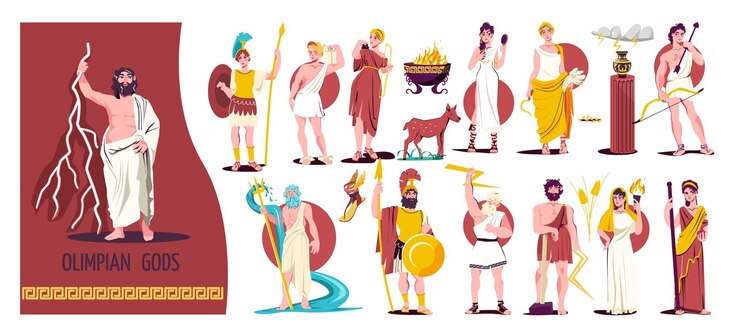 Vecteur gratuit icône plate isolée des dieux olympiens définie différentes figures de dieux et illustration vectorielle de guerriers grecs