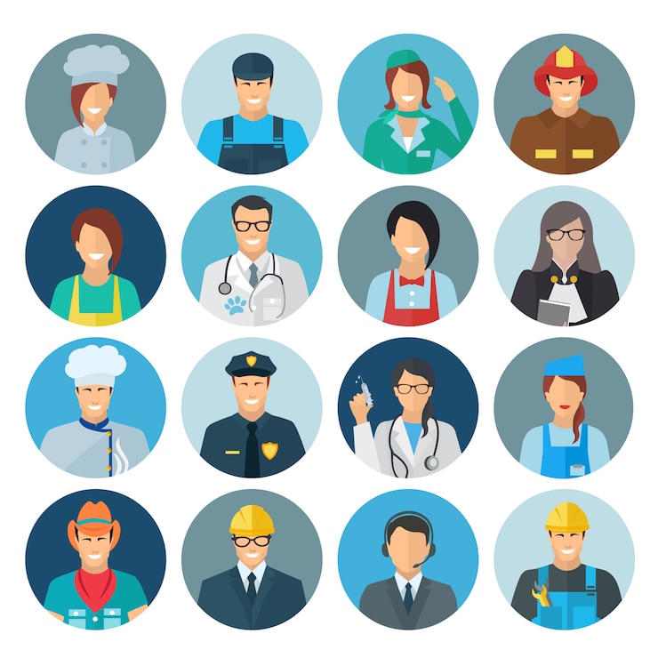 Vecteur gratuit icône plate de profession avatar sertie de policier chef mécanicien