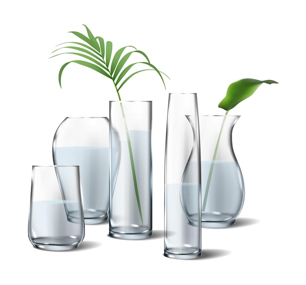 Vecteur gratuit icône réaliste 3d collection isolée de vases transparents en verre à fleurs avec des plantes à l'intérieur