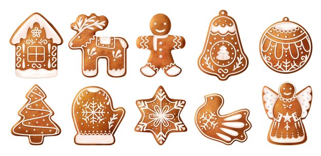 Icône réaliste de biscuits de pain d'épice de noël défini dix biscuits de différentes formes décorés avec une illustration vectorielle de glaçage blanc