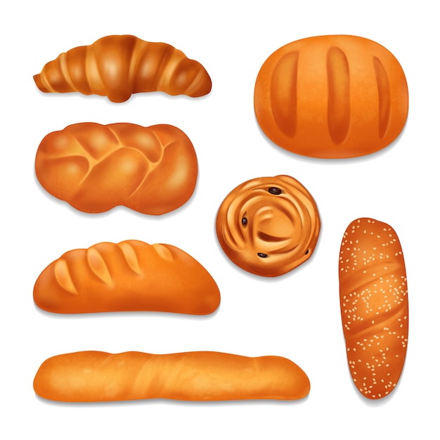 Vecteur gratuit icône réaliste de boulangerie pain isolé avec diverses formes et illustration de pains de pain de goût