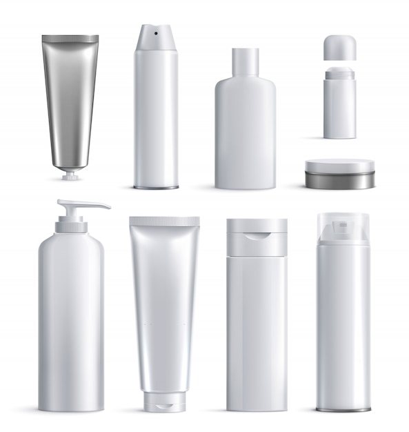 Icône réaliste de bouteilles de cosmétiques pour hommes définie différentes formes et tailles pour l'illustration de la beauté