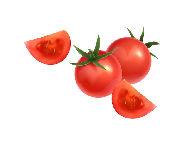 Icône réaliste avec des tomates entières et des tranches d'illustration vectorielle de couleur rouge
