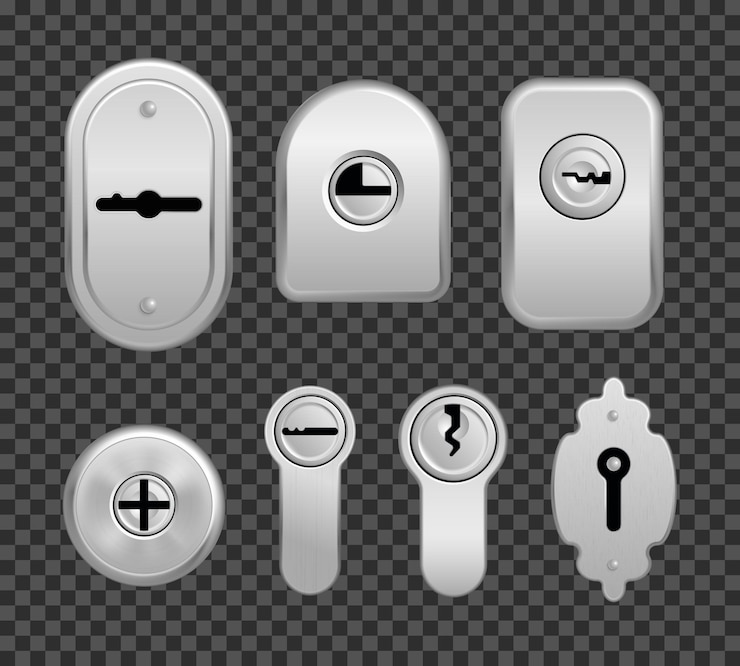 Vecteur gratuit l'icône réaliste des trous de serrure définit des trous de serrure pour différentes tailles de porte sur l'illustration vectorielle de fond transparent