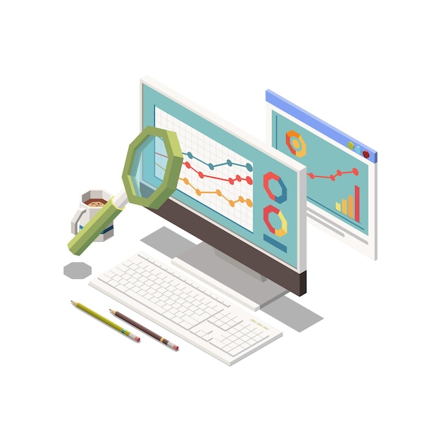 Icône De Stratégie Marketing Avec Loupe Et Barres De Croissance Sur écran D'ordinateur Isométrique