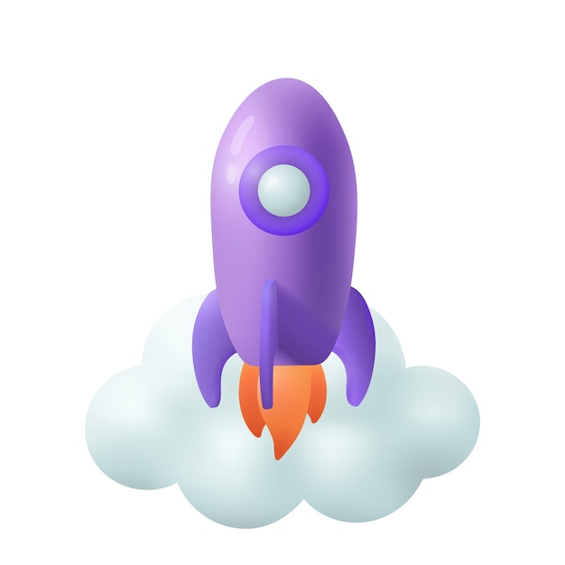 Icône de style dessin animé 3d de fusée de soufflage. Lancement de vaisseau spatial dans l'illustration vectorielle plate de l'espace. Création d'entreprise ou startup. Développement, croissance, éducation, concept d'innovation