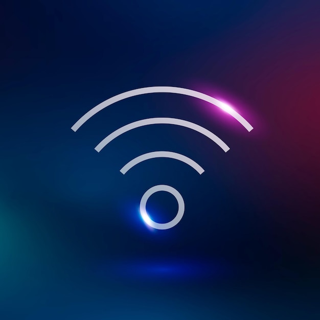 Vecteur gratuit icône de technologie vectorielle internet wifi en violet néon sur fond dégradé