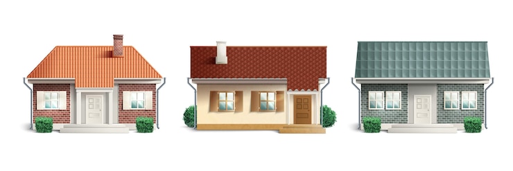 Vecteur gratuit icône de tuile de cottage réaliste définie trois maisons dans différents styles et couleurs avec différents toits illustration vectorielle