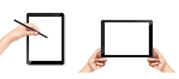 icône de vecteur réaliste isolé sur fond blanc modèle UI UX tablette avec main tenant un stylo et un tampon de maintien