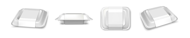 Vecteur gratuit icône de vecteur réaliste. maquette de conteneur alimentaire. boîte en plastique blanc dans différentes vues. isolé sur blanc
