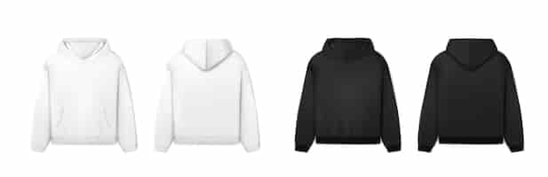 Vecteur gratuit icône de vecteur réaliste sweat à capuche noir et blanc sweat-shirt homme en vue de face et de côté