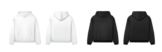 icône de vecteur réaliste Sweat à capuche noir et blanc Sweat-shirt homme en vue de face et de côté