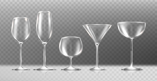 Icône De Vecteur Réaliste Verres Transparents Pour Vin Coctail Cognac Champagne Verres Vides Isolés Sur Fond Transparent