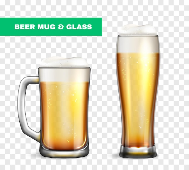 Vecteur gratuit l'icône en verre de chope de bière réaliste définit deux verres différents avec et sans poignée et remplis d'illustration vectorielle de bière