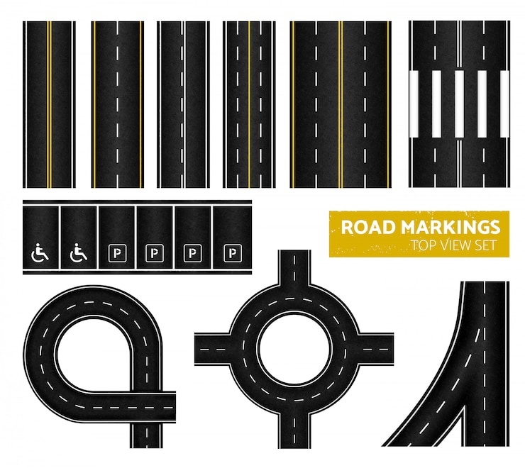 Vecteur gratuit icône de vue de dessus de marquage routier noir sertie de différents marquages blanc et jaune illustration