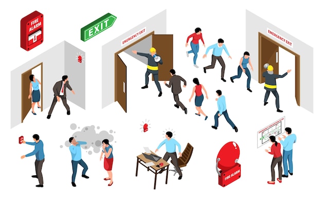Icônes d'alarme d'évacuation isométrique sertie d'illustration vectorielle isolée de l'équipe de secours