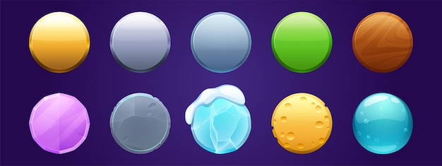 Icônes d'application d'interface utilisateur de jeu, boutons ronds, menu de dessin animé