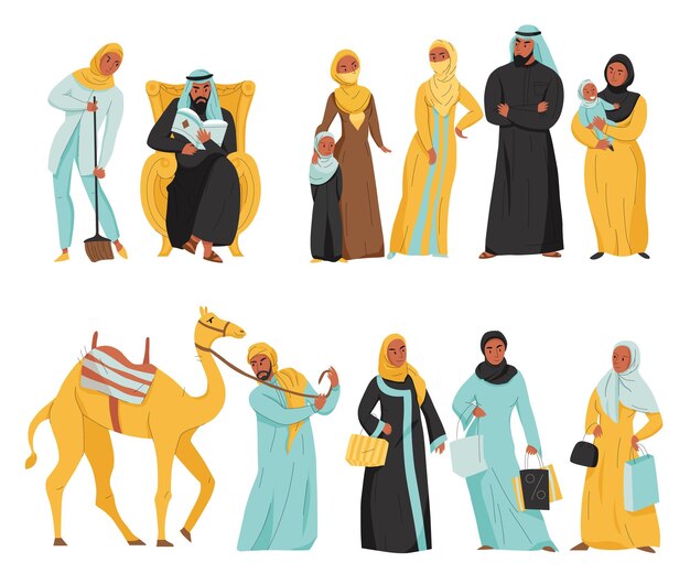 Icônes arabes plates et isolées définies femmes en hijab et hommes arabes avec illustration vectorielle de chameau