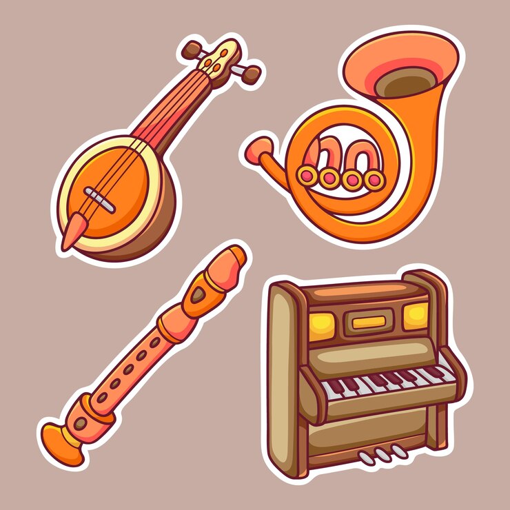 Vecteur gratuit icônes d'autocollant d'instrument de musique orchestrale vecteur de coloriage dessinés à la main