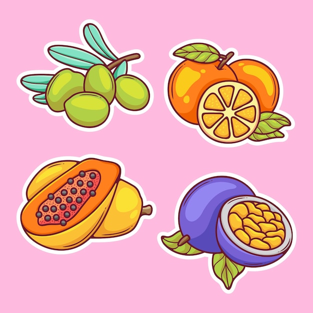 Vecteur gratuit icônes d'autocollants de fruits vecteur de coloriage dessiné à la main