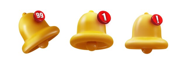 Icônes d'avis 3d avec cloche d'or et point d'exclamation et signe de nombre isolés sur fond blanc Icône de vecteur réaliste