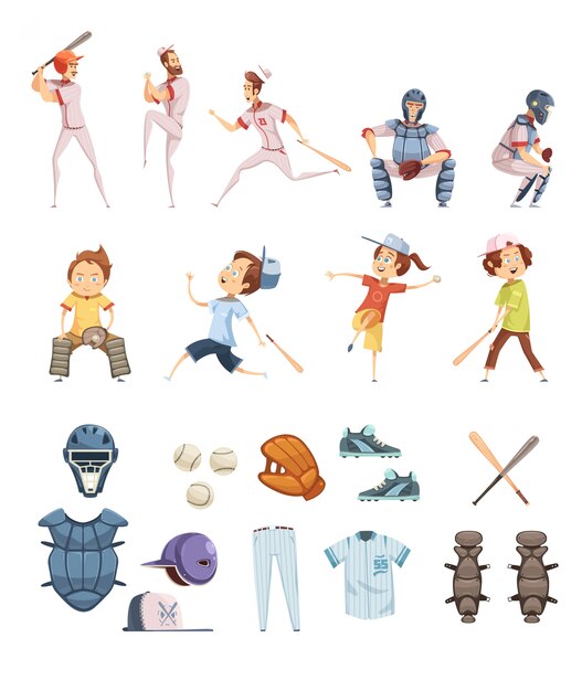 Icônes de baseball définies dans un style rétro bande dessinée avec des équipements sportifs hommes et enfants