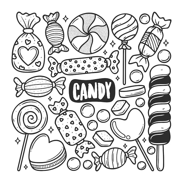 Vecteur gratuit icônes de bonbons coloriage doodle dessiné à la main