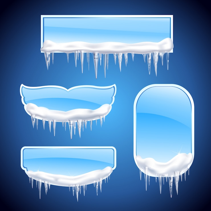 Vecteur gratuit icônes de cadres de glaçons isolés sertis de fenêtres de forme différente ou de cadres sur l'illustration de fond bleu
