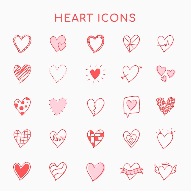 Icônes de coeur, vecteur de jeu rose dans un style de griffonnage dessiné à la main