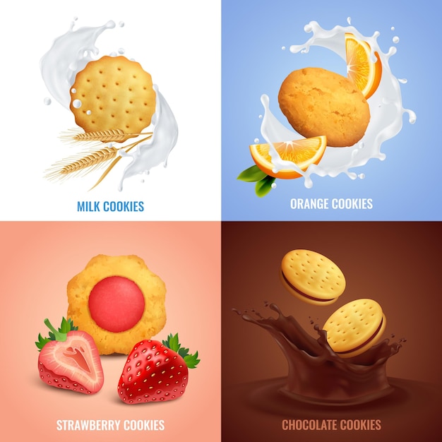 Icônes de concept réaliste de cookies sertie de symboles de goût fraise et chocolat isolés